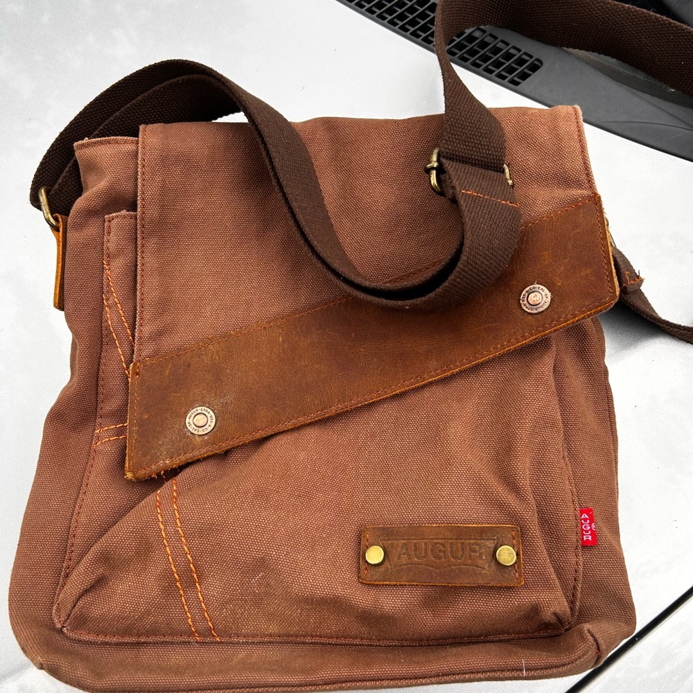 Augur Canvas Leather Vintage Crossbody Messenger Bag Brown Men’s Outdoor